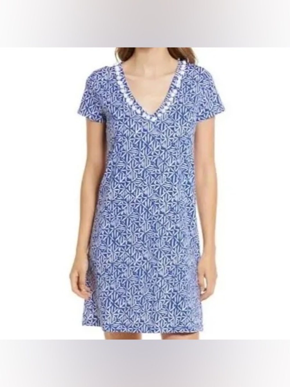 Lilly Pulitzer | Blue/White Etta Geometric V-Neck Mini Dress - 100% Pima Cotton